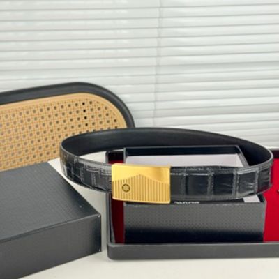 1:1  Montblanc  Black Leather Belt with Gold Logo Buckle Block-shaped Buckle  3.8cm